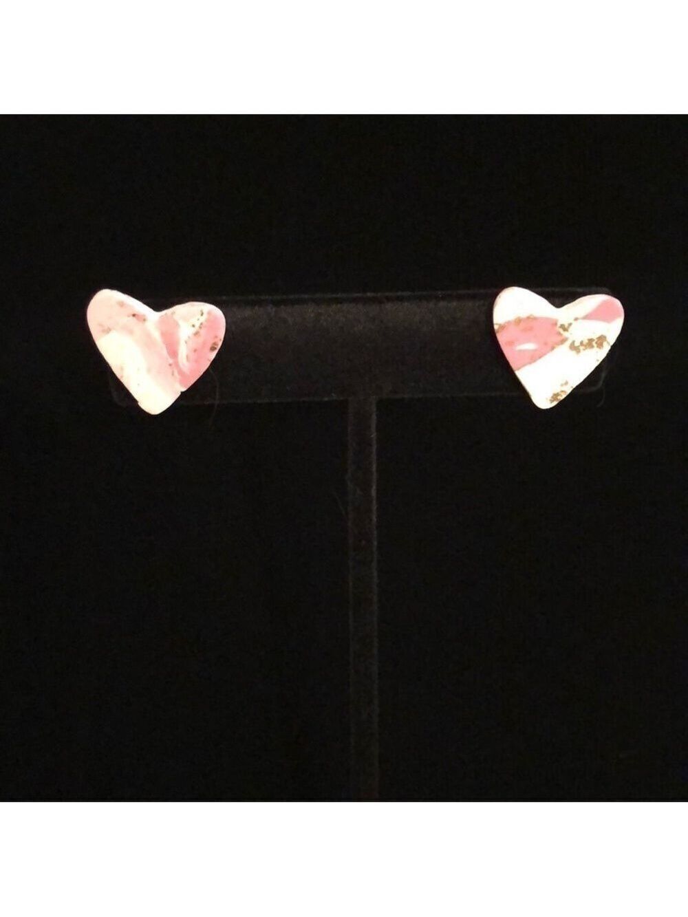 Pink & White Marble Heart Stud Earrings | Gold Tone Posts | Valentine